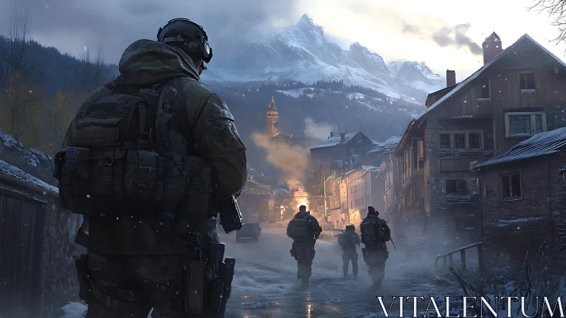 Armed soldiers advance through snowy village street at dusk.