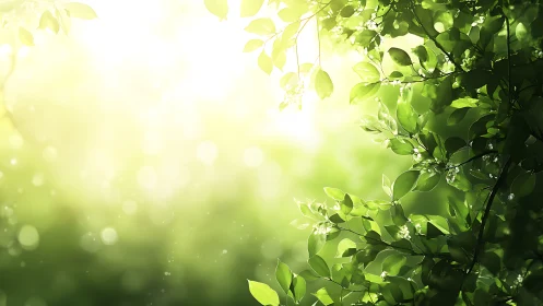 Sunlit green foliage with blurred background bokeh effect.