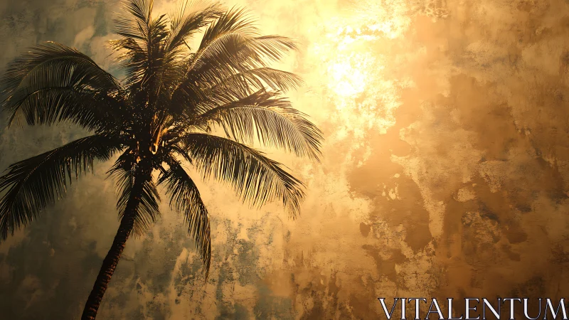 Solitary palm silhouette against textured golden sky.