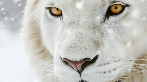 Macro portrait isolates white lion face in soft arctic snowfall