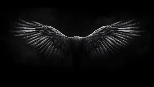 Dark angel wings spread wide against deep black void.