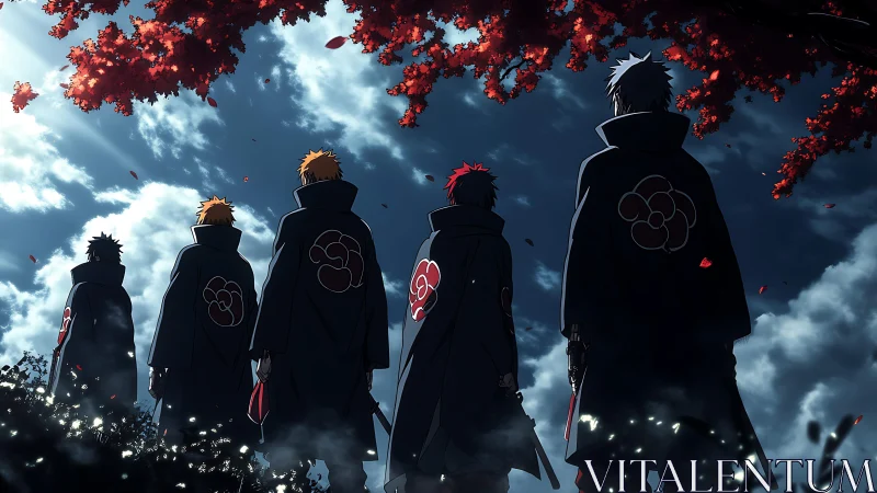 Dark cloaked figures stand under red maple canopy at dusk