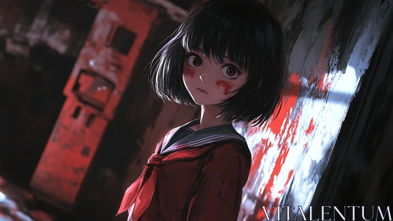 Bloodstained schoolgirl stands in a tense, shadowed corridor