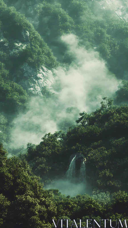 Misty rainforest valley with waterfall flowing through dense canopy