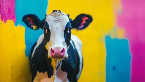 Holstein cow portrait against bold multicolor painted wall.