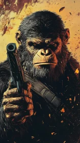 Armed chimpanzee grips handgun and stares forward