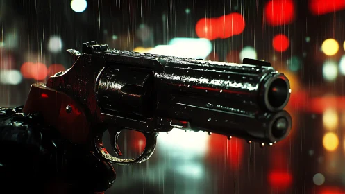 Chrome revolver close-up under neon rain with bokeh glow.