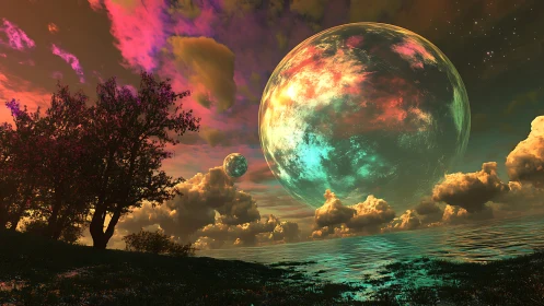 Colossal luminous planet rises above alien coastal landscape