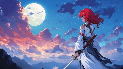 Moonlit swordswoman contemplates crimson clouds and destiny.