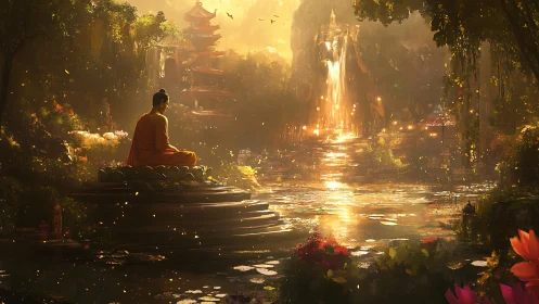 Digital painting of meditative monk in luminous forest sanctuary.
