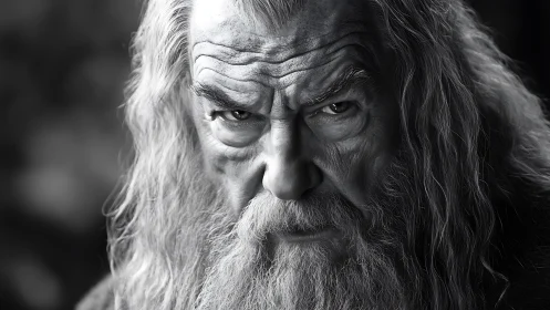 Old bearded man stares intensely into camera frame center