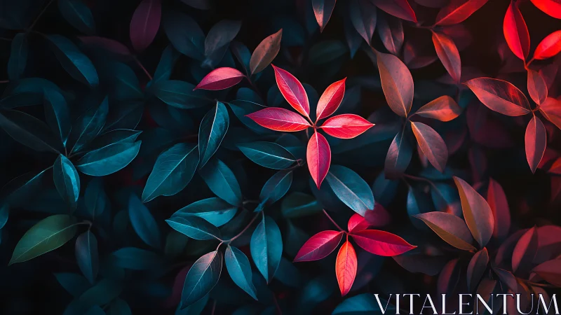 Moody foliage closeup with vivid red and teal leaves.