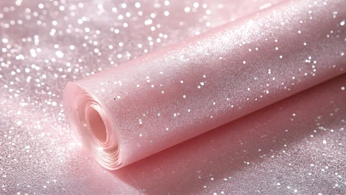 Rolled pink glitter wrapping film on matching surface.