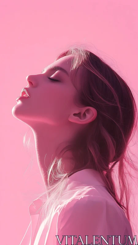 Side profile portrait shows woman in pink monochrome light
