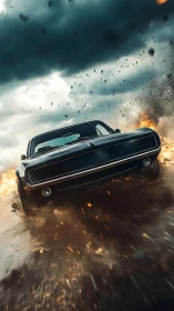 Muscle car drifts through debris with cinematic motion blur arcs