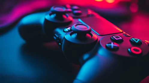Game controller glows under neon cyberpunk studio lighting.