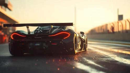 Photoreal supercar rear view on sunlit wet racetrack surface.