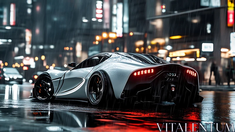 Futuristic white hypercar parked on wet neon city street at night