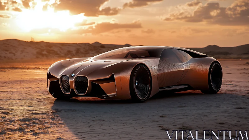 Futuristic copper sports car cuts across sunlit desert plain