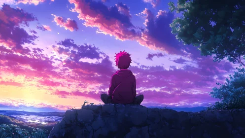 Solitary anime silhouette under stratified spectral sunset sky.