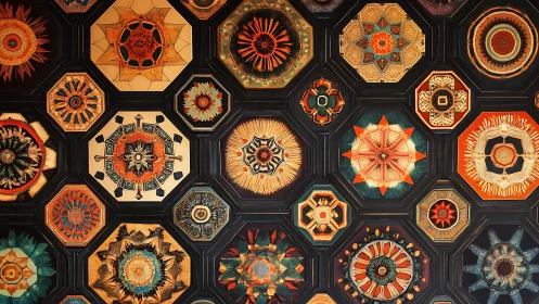 Radiant geometric mandalas glow in a warm patterned tapestry