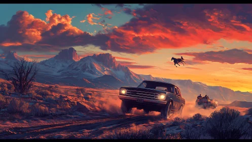 Sunset muscle car chase under blazing cinematic desert skies.