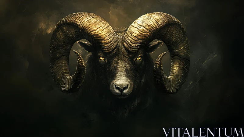 Ram head with curved horns on dark atmospheric background.