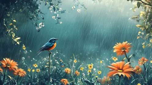 Bluebird on Wildflower in Rain, Dreamy Digital Art Scene.