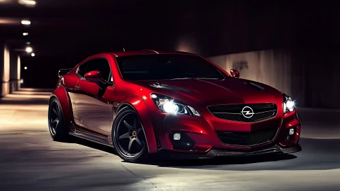 Low-slung red performance coupe in tunnel with dramatic lighting.