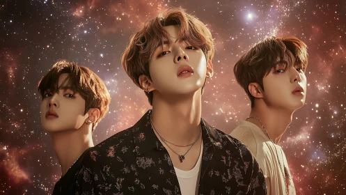 Triadic portrait of stylized male idols against nebular cosmos