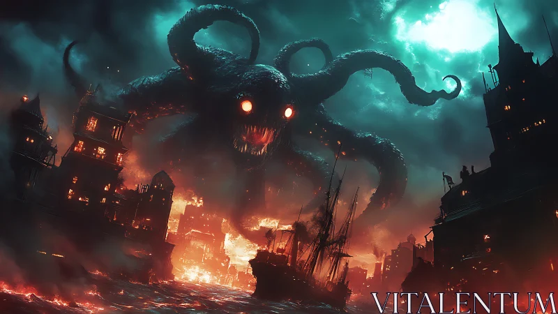 Giant tentacled sea monster attacks burning coastal city.