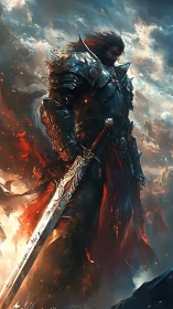 Flame-wreathed dark knight in molten armor under storm sky.