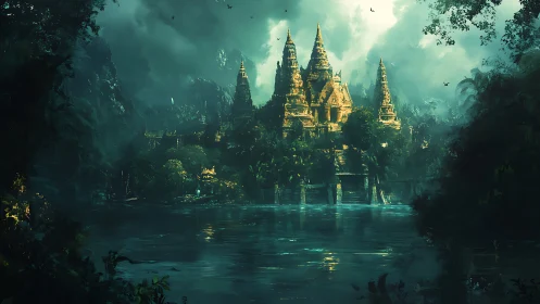 Luminescent jungle citadel mirrored across stormlit water.