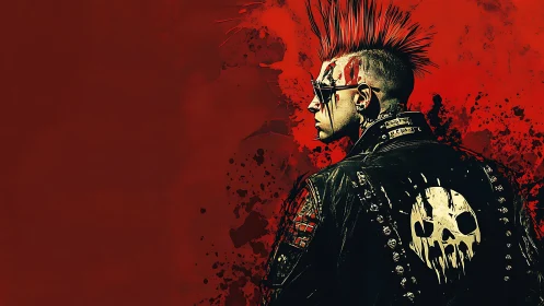 Punk rebel in spiked jacket stares into a blood-red void.