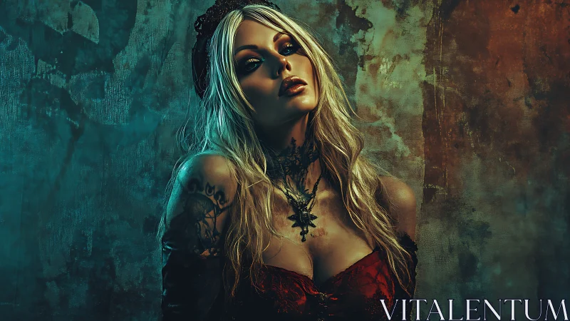 Gothic blonde portrait under dramatic teal and amber light.