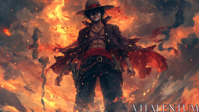 Dynamic anime swordsman rendered in high-contrast fiery environment