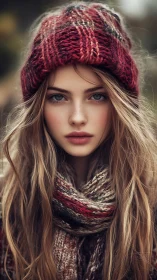 Winter portrait shows young woman in red knit hat outdoors