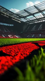 Low-angle football pitch view isolates turf texture and light
