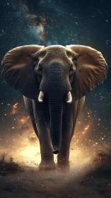 Starlit cosmic elephant striding through glowing dust storm.