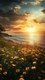Golden sunset over coastal meadow of yellow wildflowers.