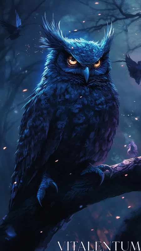 Midnight sapphire owl with ember eyes in misted forest.