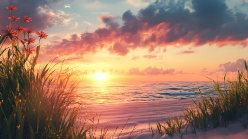 Sunset shoreline with wildflowers in glowing pastel light.