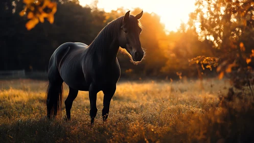 Sunlit stallion standing in glowing amber meadow dusk.