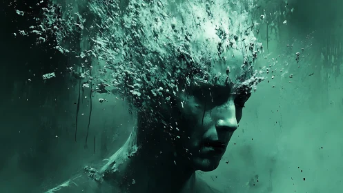 Exploding teal portrait captures a mind shattering into mist