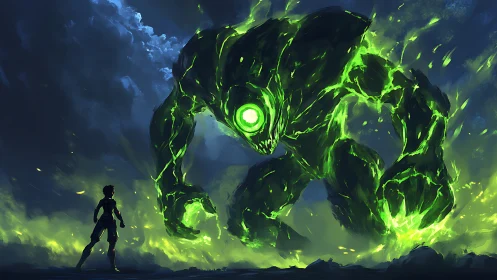 Glow green elemental towers over lone silhouetted figure.