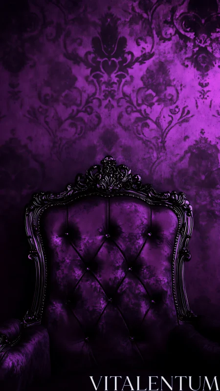 Velvet purple throne against ornate damask wall background.