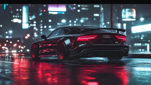 Sleek sports car glowing in neon rain on a city night street.