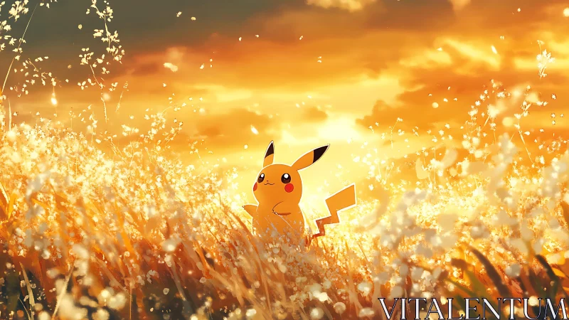 Electric creature glows in a golden sunset meadow field.