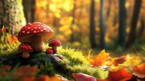 Autumnal forest macro with fly agaric cluster illumination.