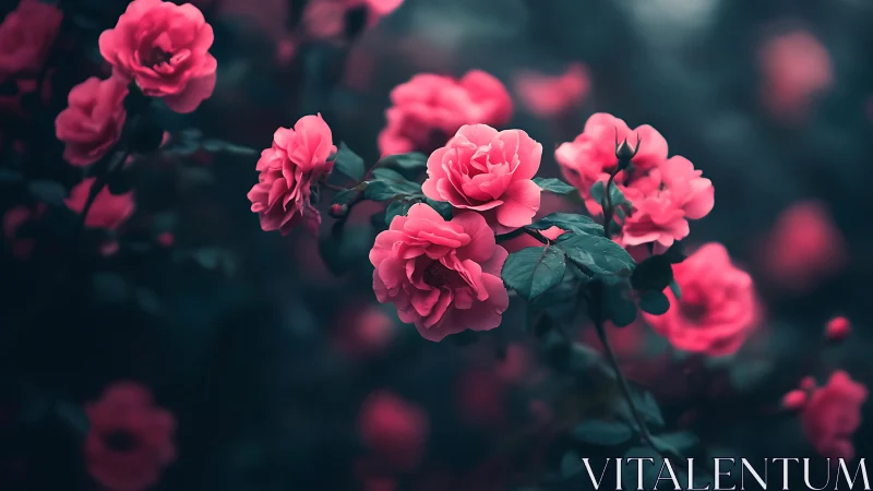 Pink garden roses with dark foliage and selective focus depth.